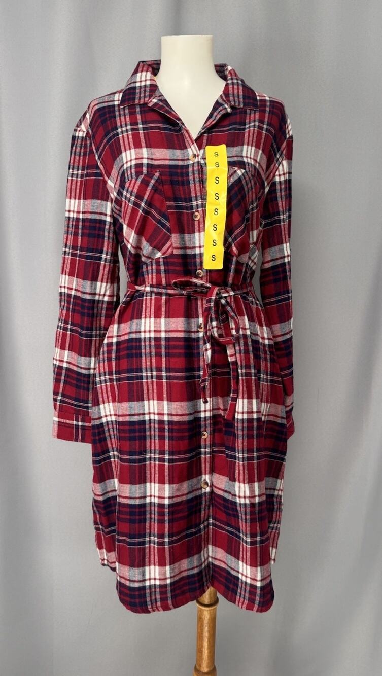 Jachs Girlfriend Shirt Dress Womens Red Small Flannel Button Plaid Academia